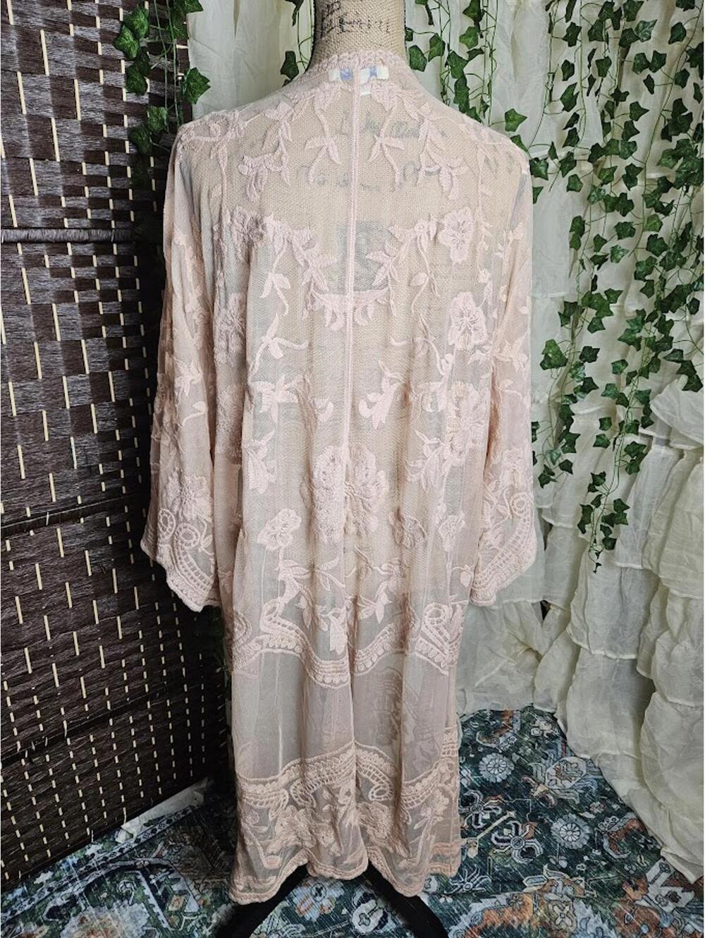 Blush Lace Kimono Duster Floral Embroidered Sheer Boho Layering Piece - Picture 3 of 4